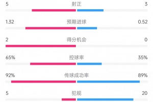 切尔西vs尤尔加登数据：射门17比12、控球率65%比35%，犯规5比20